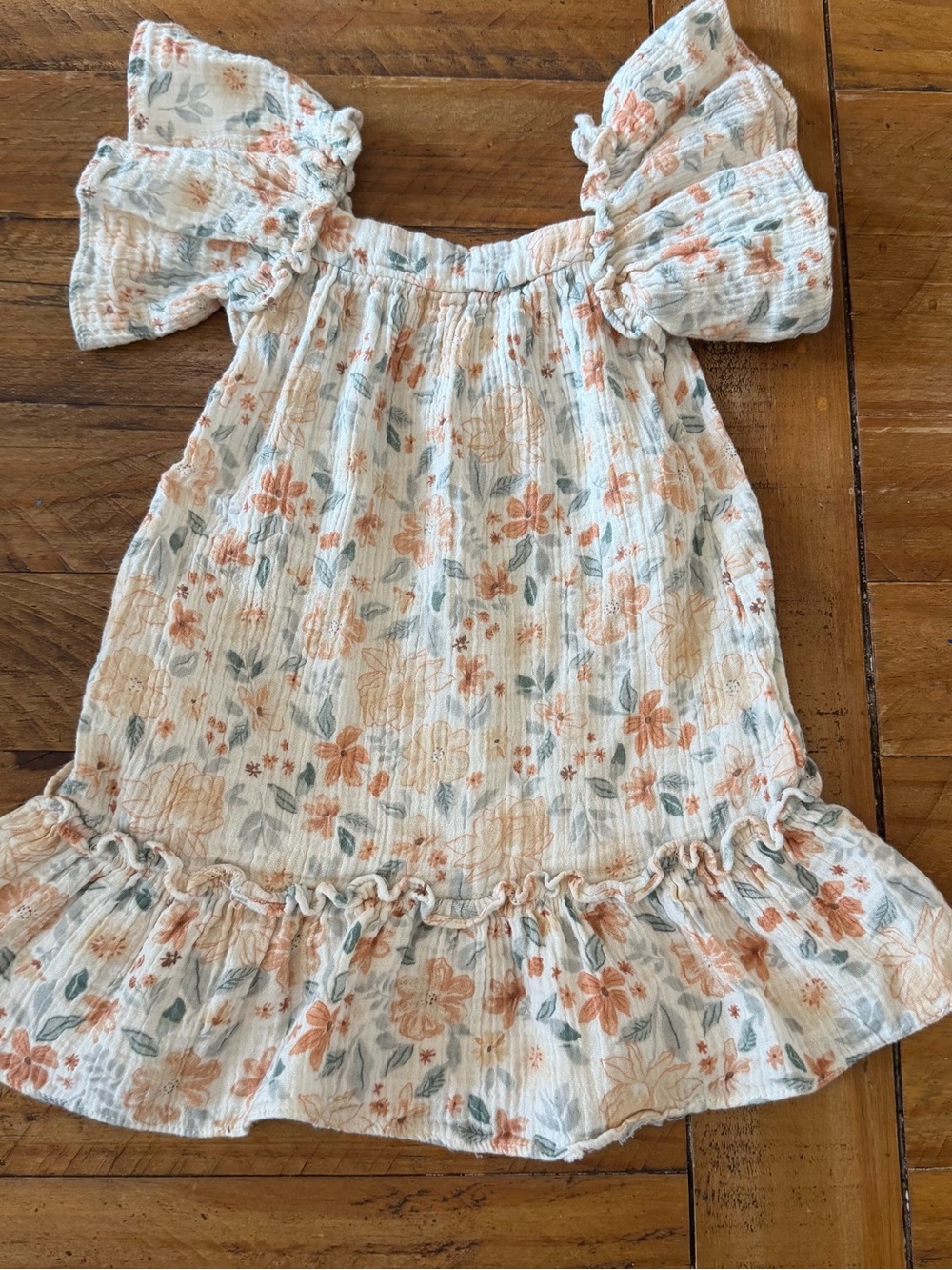 Girls Cream Floral Ruffle Casual Dress with Peach & Sage Print